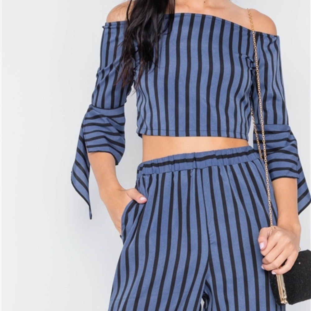 Cruisin' Striped Crop Top & Palazzo Pant Set BLUE - Picture 3 of 5